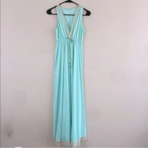 Vintage 60s 70s Teal Green Long Lace Night Gown